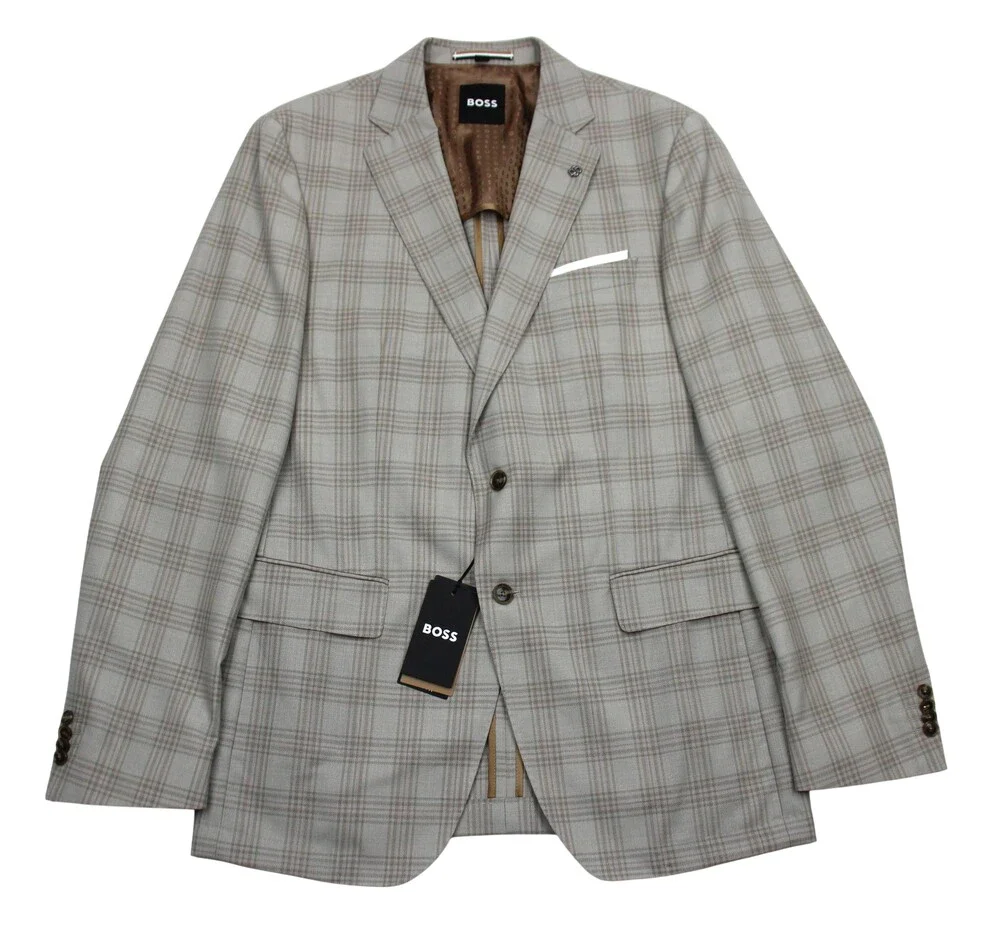 Hugo Boss H-Hutson-233 Blazer Mens 44 L Beige Plaid Wool Slim Fit Sport Coat
